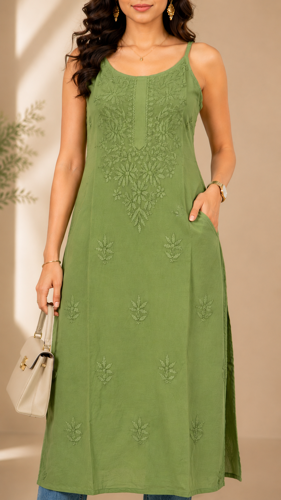 Olive Green Chikankari Long Kurta – Nawabi Summer
