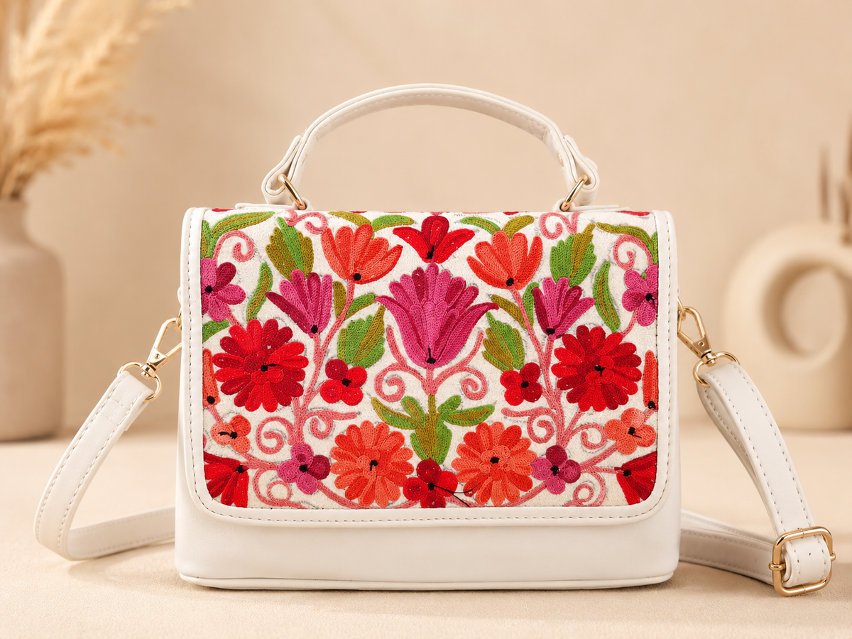 White Aari Work Top Handle Handbag — front view