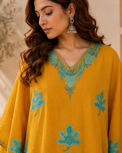Mustard Green Aari Work Kaftan Set - Koshur Summer 2
