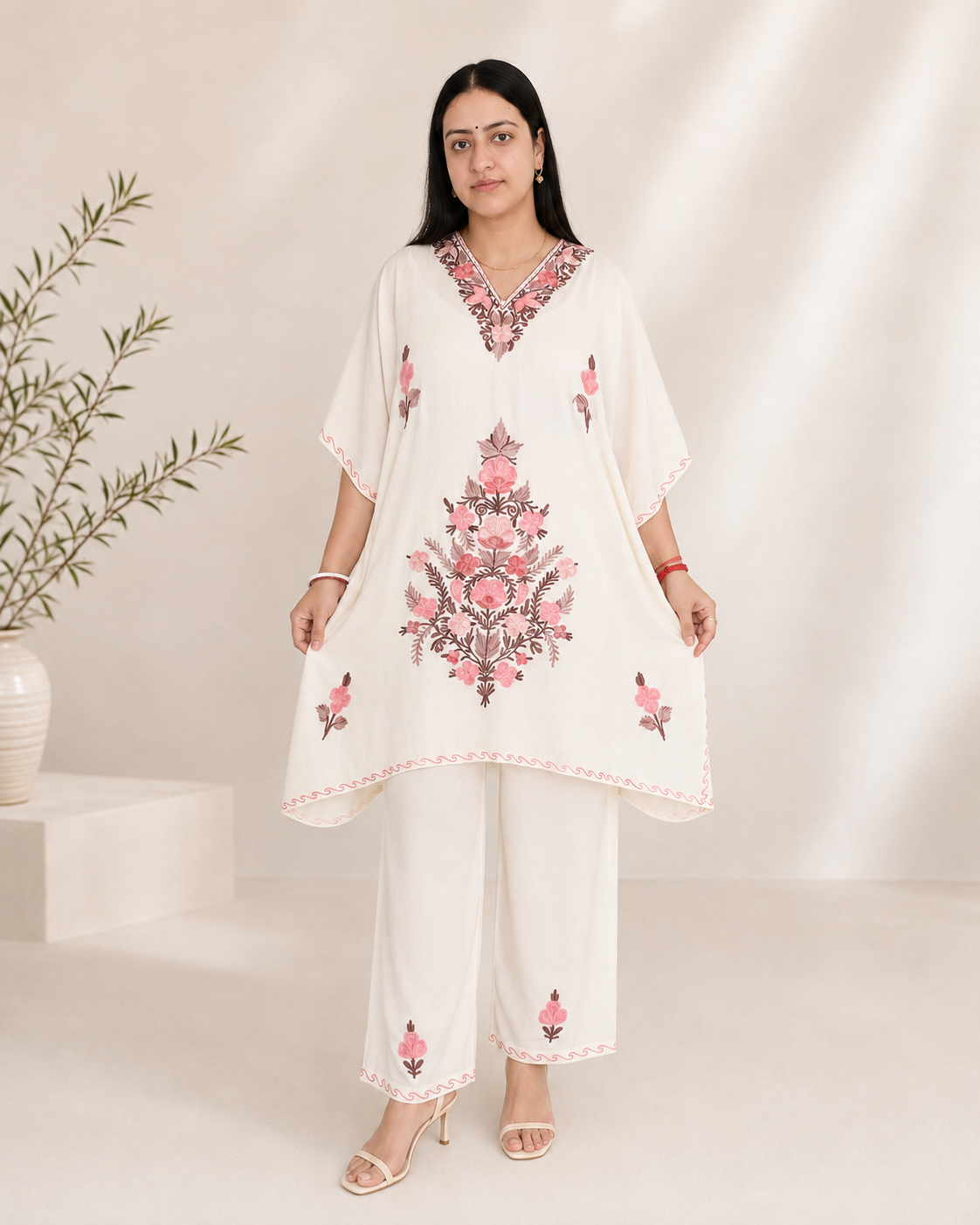 White Brown Aari Work Kaftan Set - Koshur Summer 1
