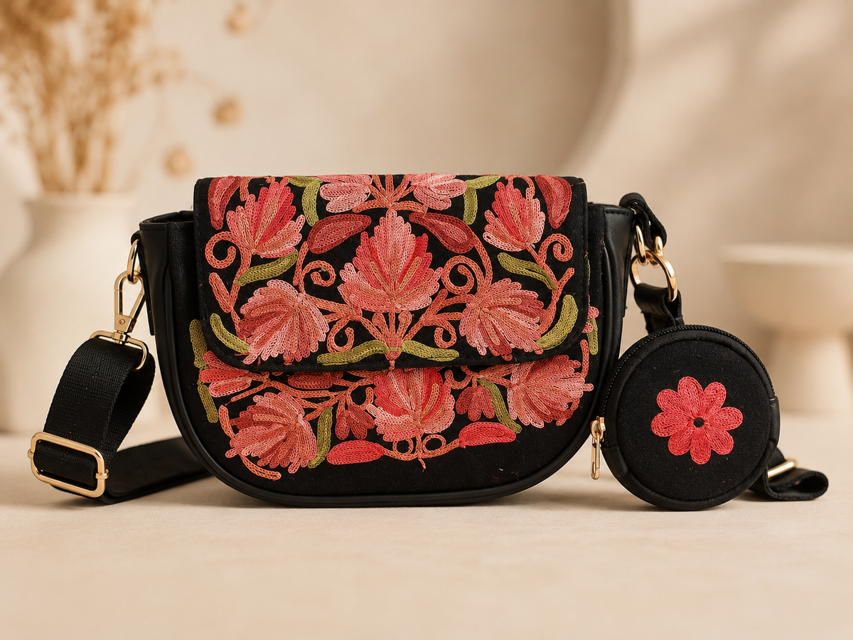 Black Pink Aari Work Sling Bag — front view