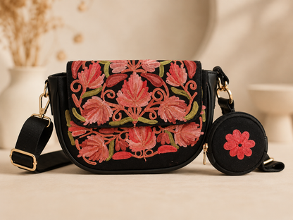 Black Pink Aari Work Sling Bag — front view