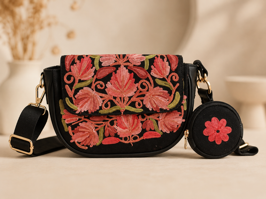 Black Pink Aari Work Sling Bag — front view
