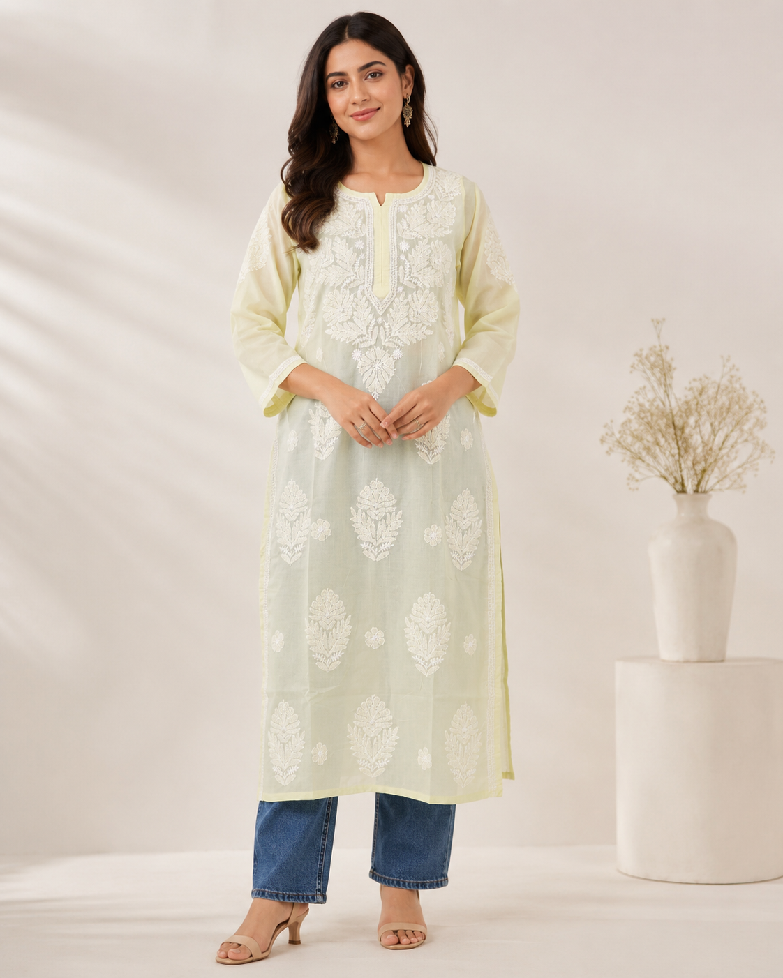 Lemon Chikankari Long Kurta – Nawabi Summer, front view