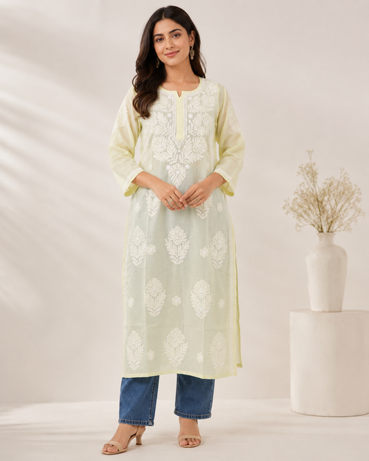 Lemon Chikankari Long Kurta – Nawabi Summer, front view