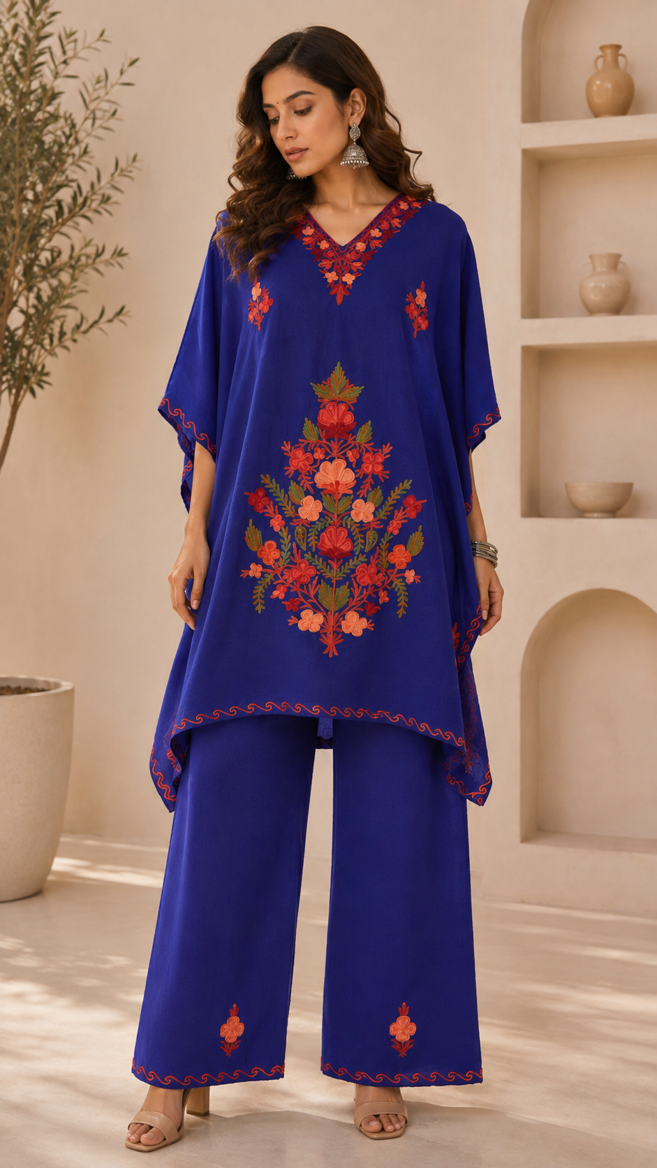 Blue Red Aari Work Kaftan Set - Koshur Summer 1