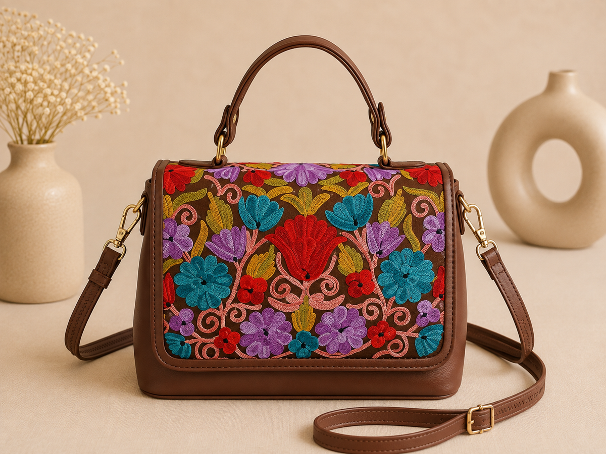 Brown Aari Work Top Handle Handbag — front view