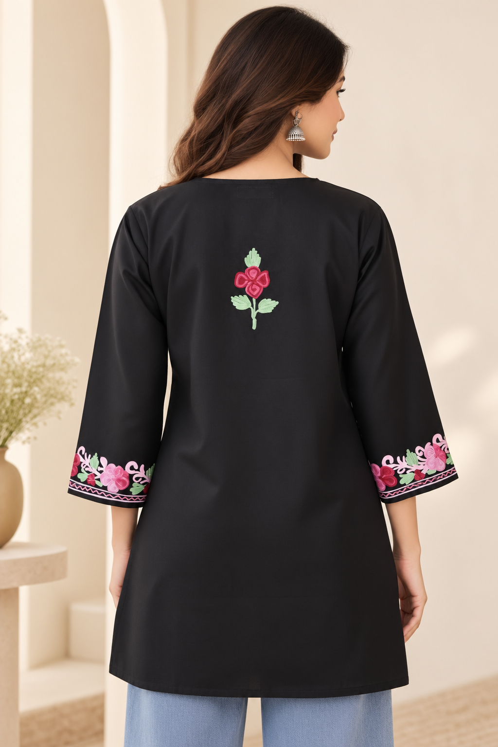 Black Pink Aari Work Short Kurti – Summer Tops