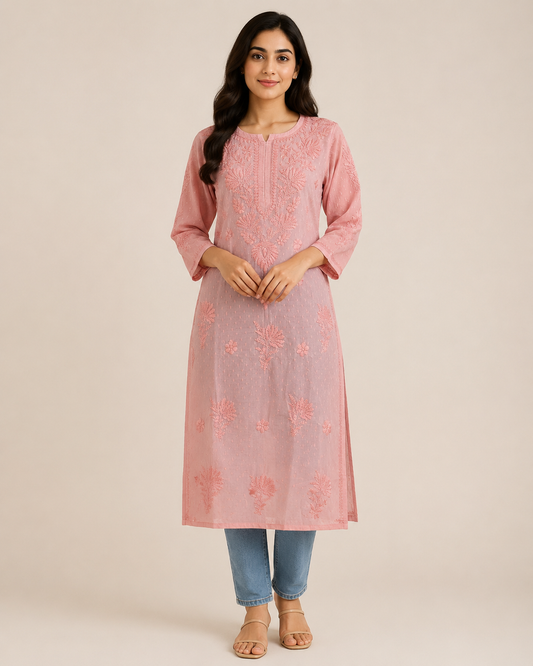 Peach Chikankari Long Kurta – Nawabi Summer, front view