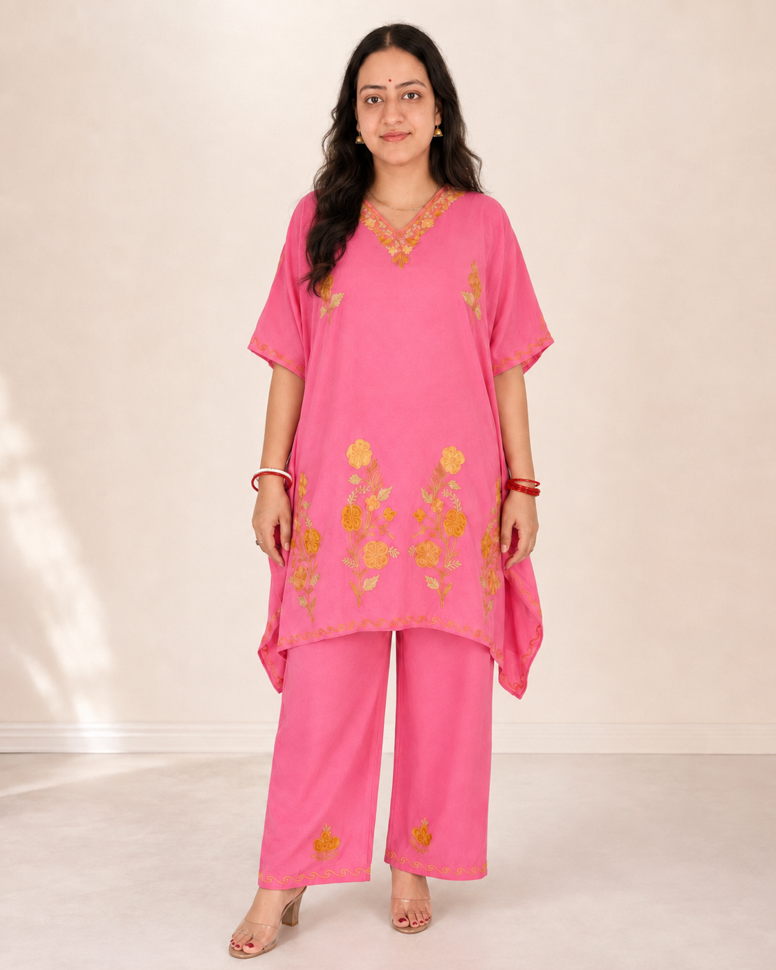 Rose Pink Aari Work Kaftan Set - Koshur Summer 1