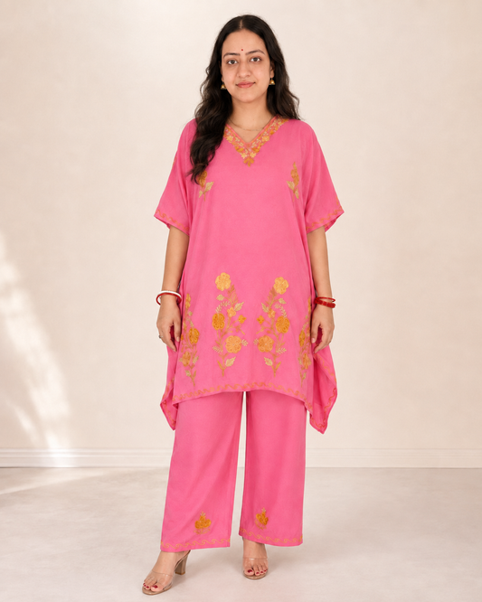 Rose Pink Aari Work Kaftan Set - Koshur Summer 1