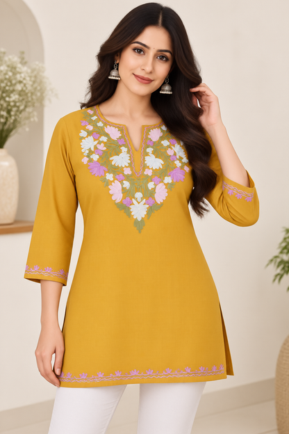 Mustard Purple Aari Work Short Kurti – Summer Tops