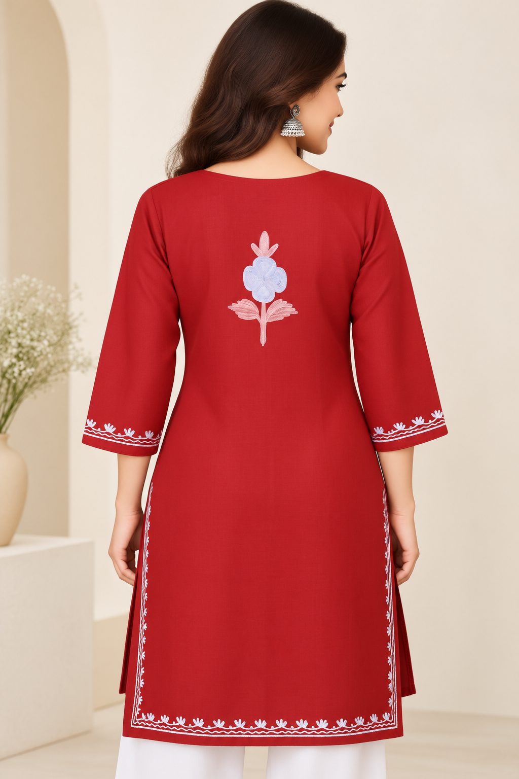 Red Purple Aari Work Short Kurti – Summer Tops