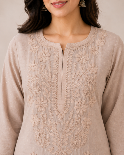 Off White Chikankari Long Kurta – Nawabi Summer, detail view