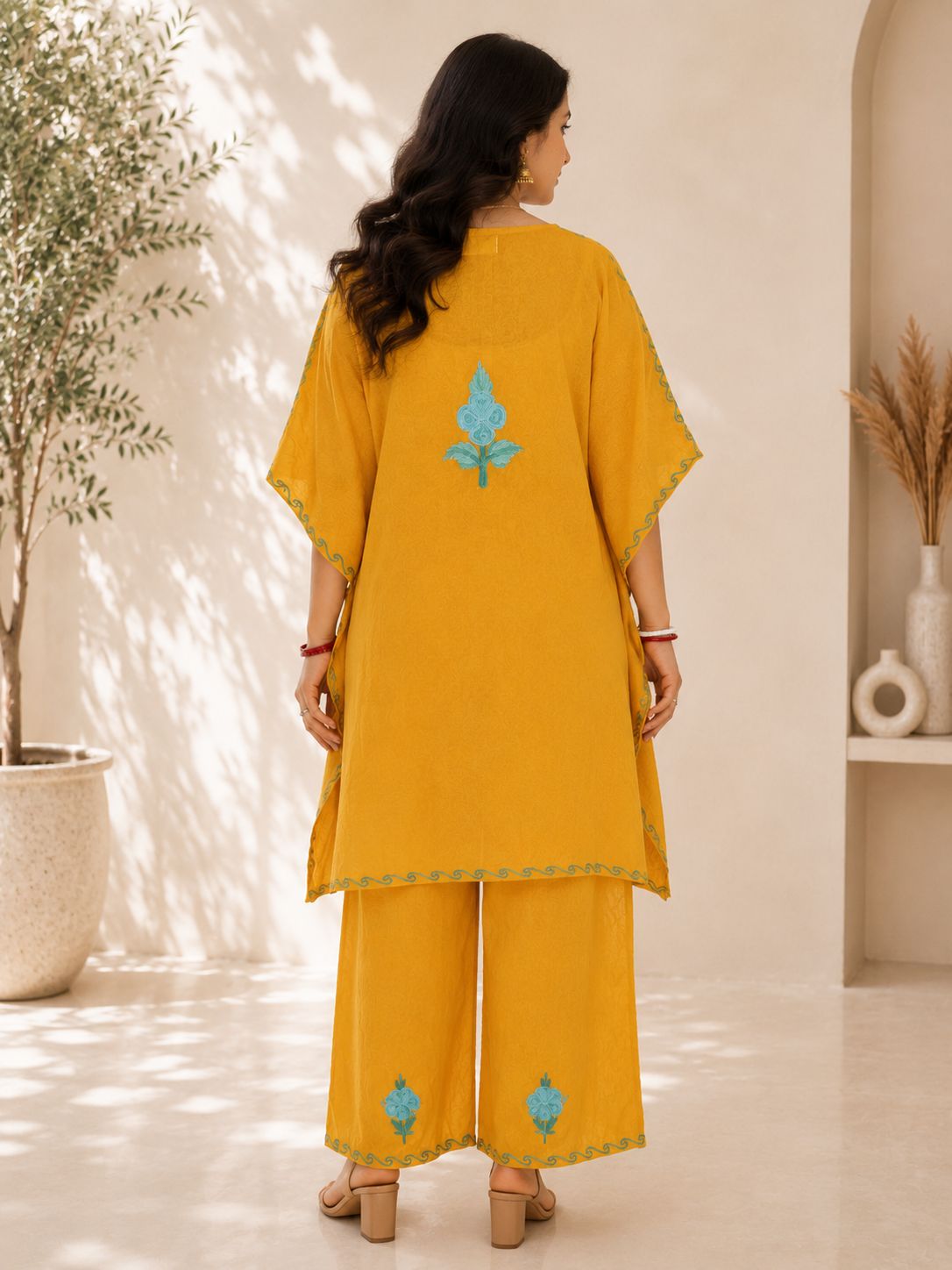 Mustard Aari Work Kaftan Set - Koshur Summer 3