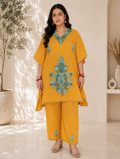 Mustard Aari Work Kaftan Set - Koshur Summer 1