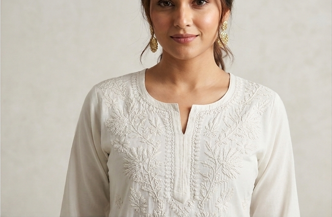 Nude Chikankari Long Kurta – Nawabi Summer, detail view