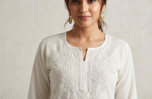 Nude Chikankari Long Kurta – Nawabi Summer, detail view