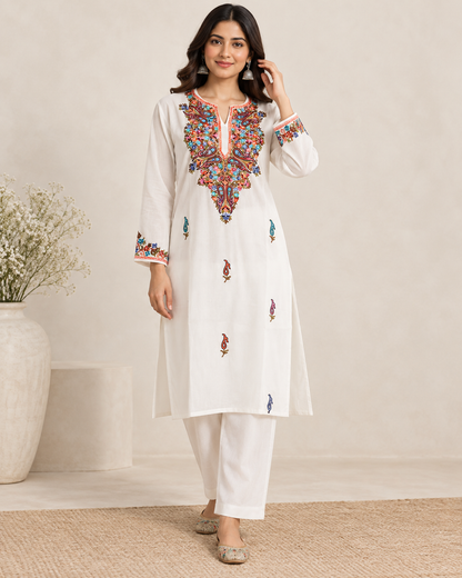 White Aari work co-ord set in ruby cotton — model wearing it, front view