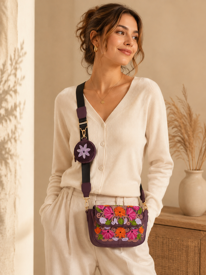 Purple Aari Work Sling Bag — embroidery detail