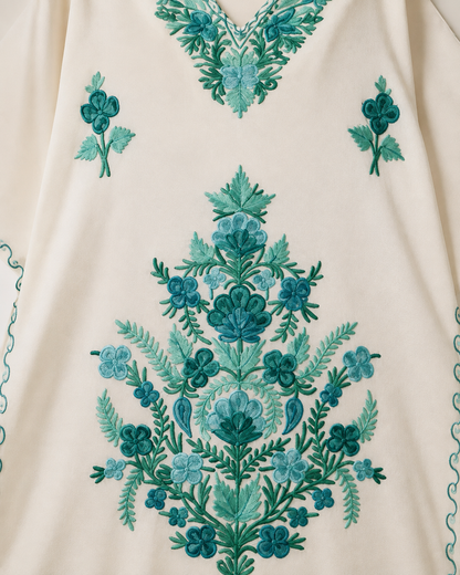 White Blue Green Aari Work Kaftan Set - Koshur Summer 2