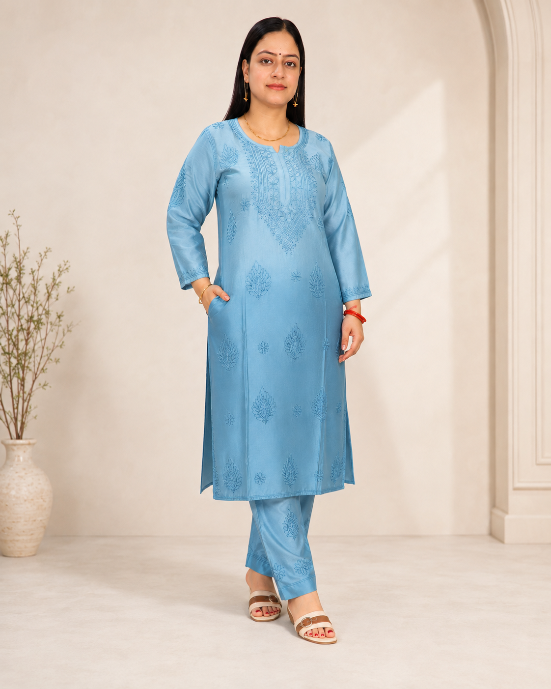 Teal Chikankari Cord Set – Nawabi Summer, front view