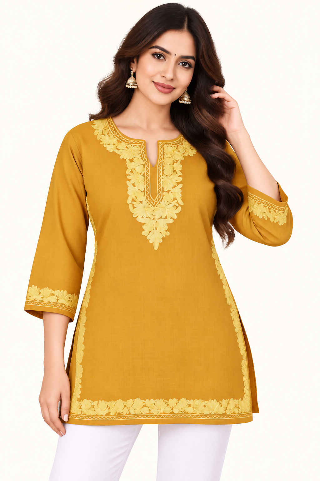 Mustard Yellow Aari Work Short Kurti – Summer Tops