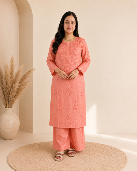Peach Chikankari Cord Set – Nawabi Summer