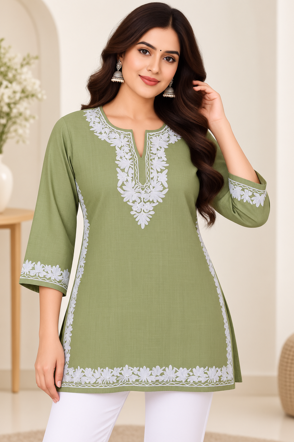 Olive Blue Aari Work Short Kurti – Summer Tops