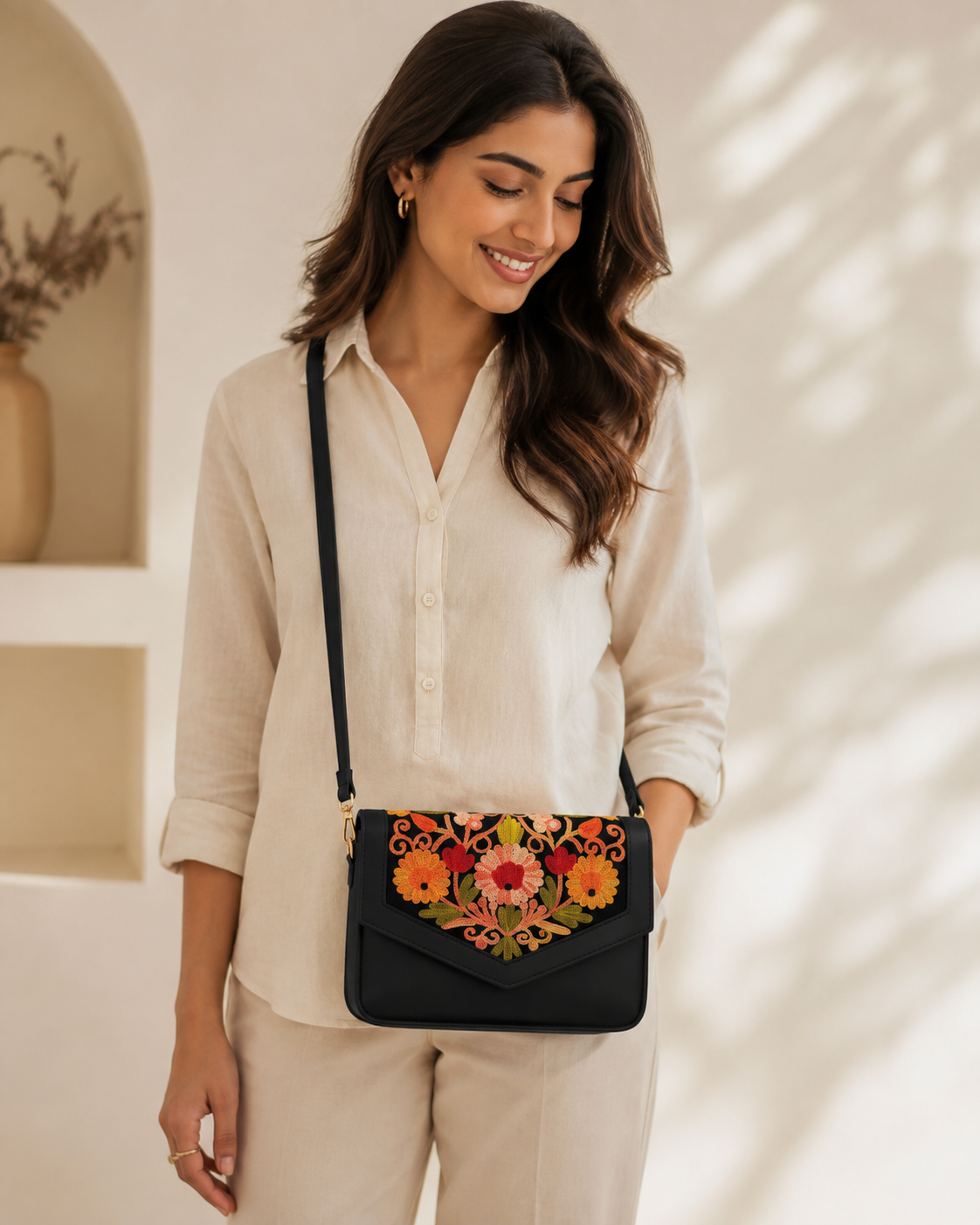 Black Pink Aari Work Barfi Handbag