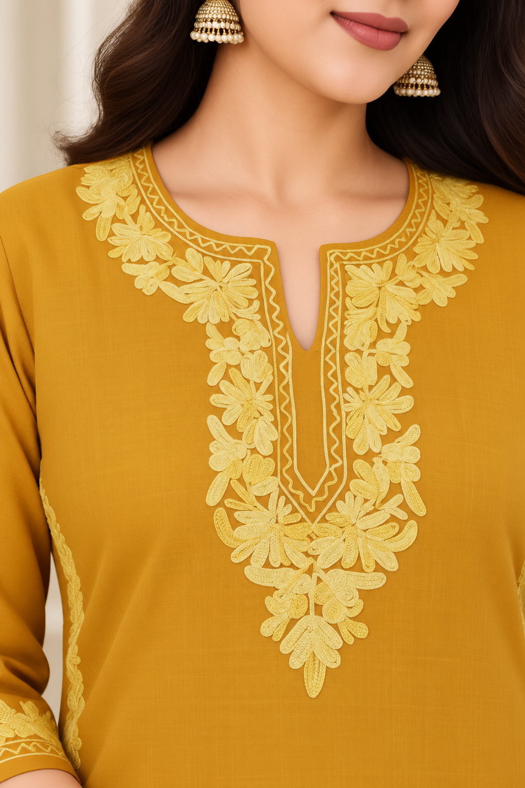 Mustard Yellow Aari Work Short Kurti – Summer Tops