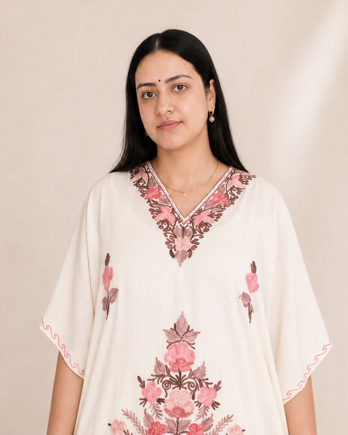 White Brown Aari Work Kaftan Set - Koshur Summer 2