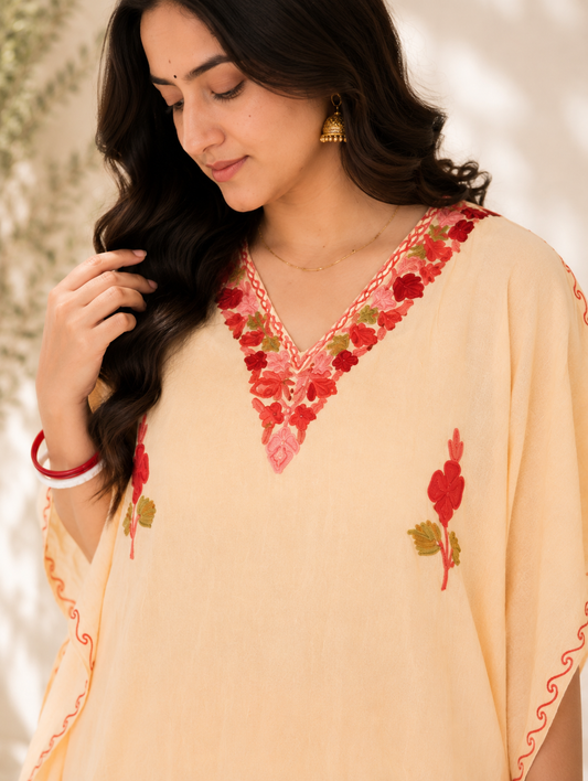 Nude Aari Work Kaftan Set - Koshur Summer 2