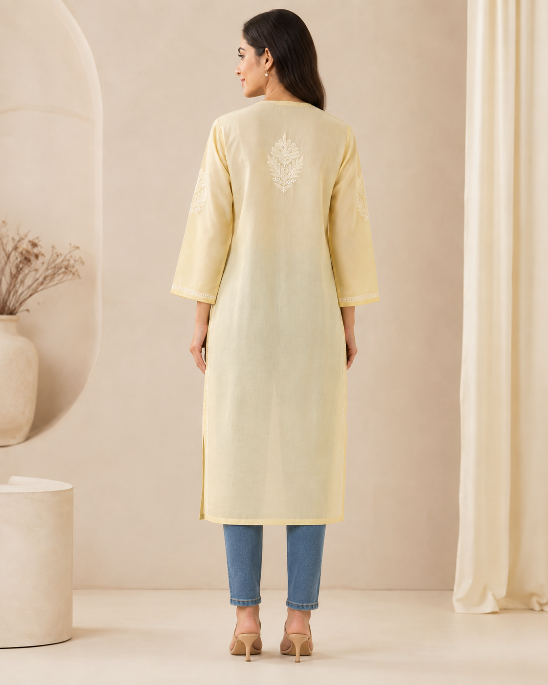 Yellow Chikankari Long Kurta – Nawabi Summer, additional view