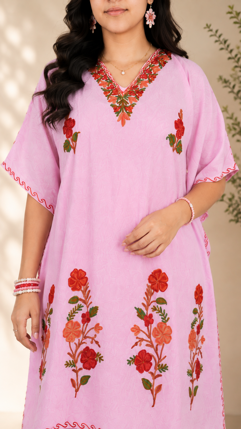 Baby Pink Aari Work Kaftan Set - Koshur Summer 2