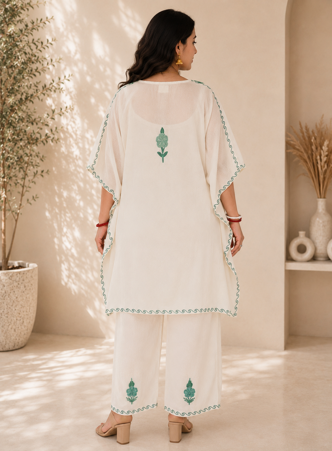 Off White Green Aari Work Kaftan Set - Koshur Summer 3