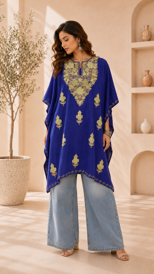Red Blue Aari Work Kaftan - Koshur Summer - front