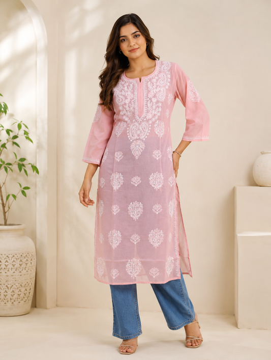 Pink Chikankari Long Kurta – Nawabi Summer, front view