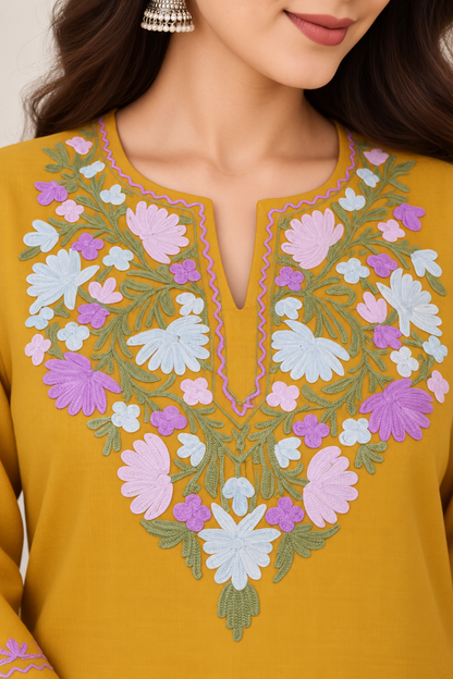 Mustard Purple Aari Work Short Kurti – Summer Tops
