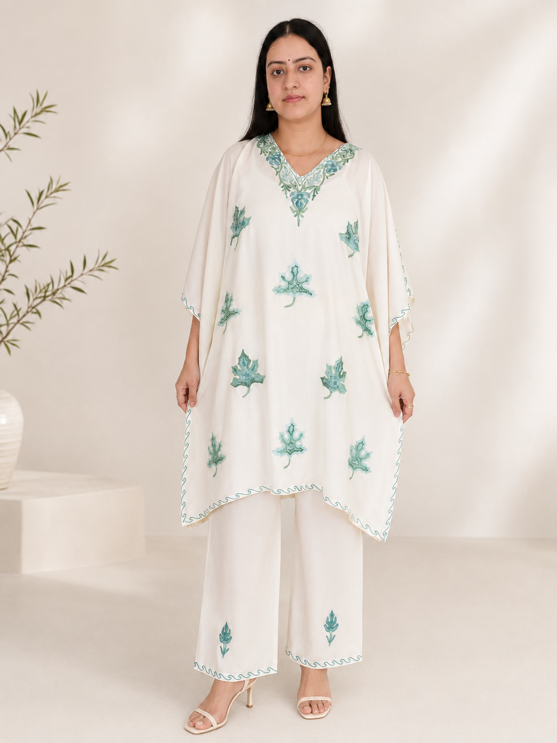 White Green Aari Work Kaftan Set - Koshur Summer 1