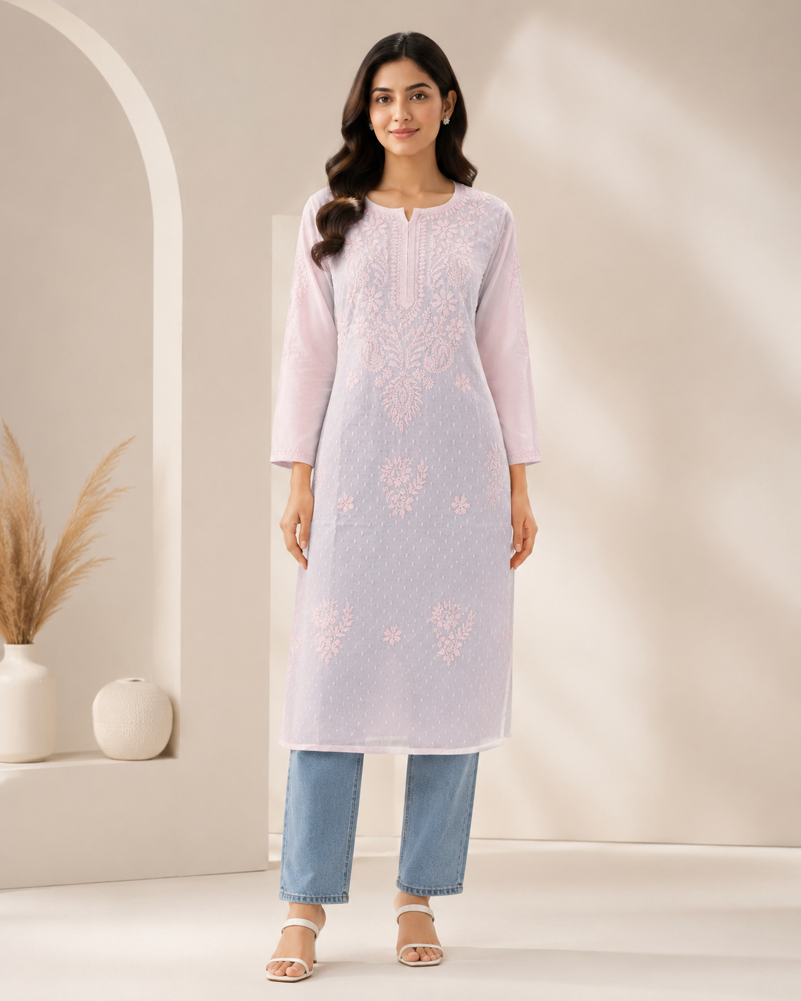 Baby Pink Chikankari Long Kurta – Nawabi Summer, front view