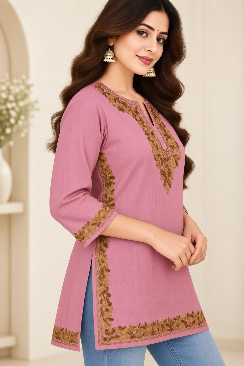 Pink Aari Work Short Kurti – Summer Tops
