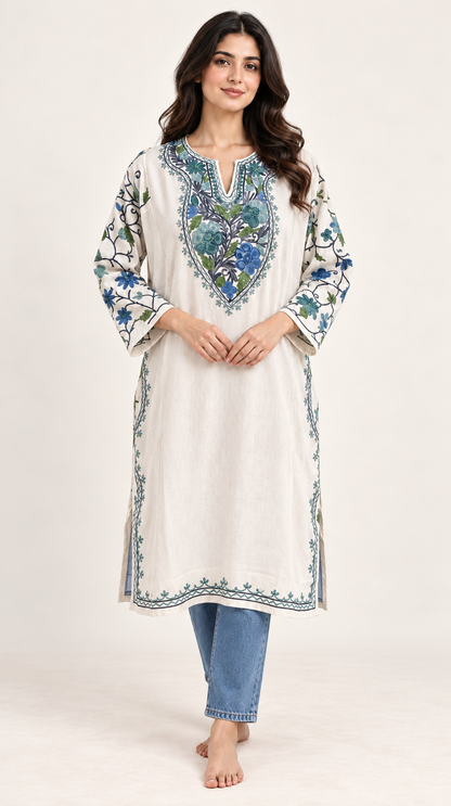 White Blue Aari Work Pheran – Koshur Winter