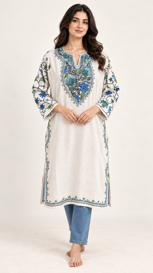 White Blue Aari Work Pheran – Koshur Winter