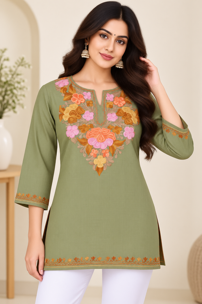Olive Brown Aari Work Short Kurti – Summer Tops