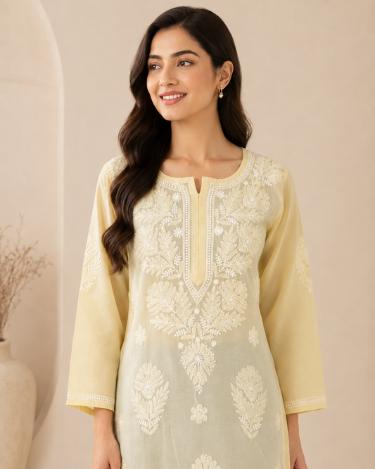 Yellow Chikankari Long Kurta – Nawabi Summer, detail view