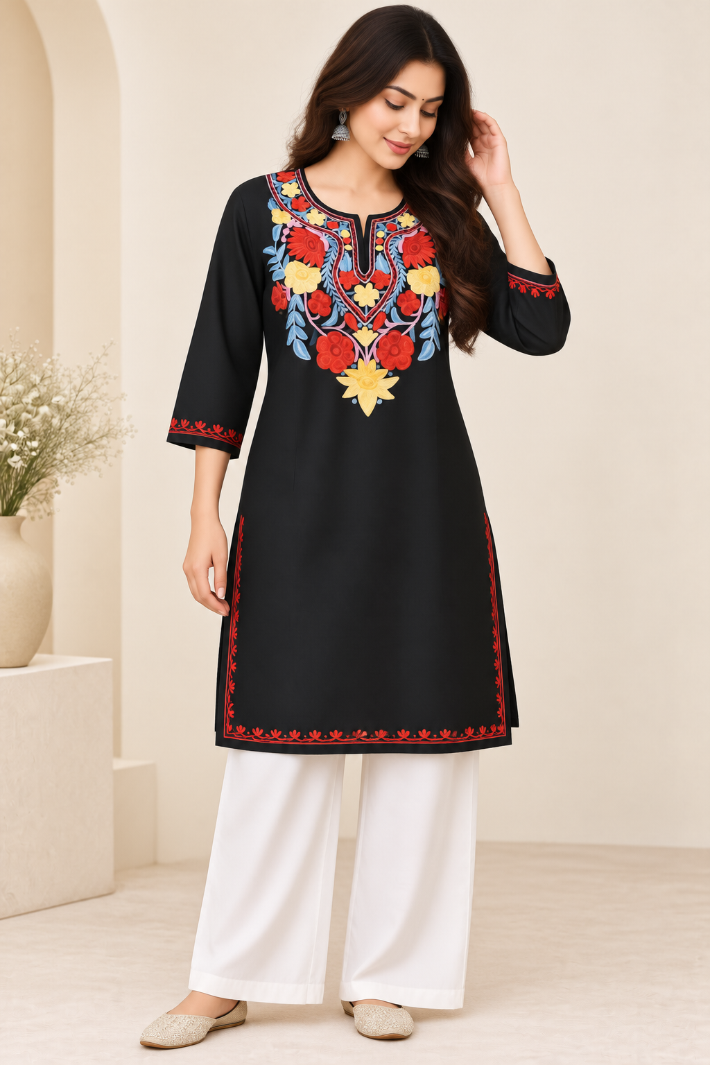 Black Red Yellow Aari Work Long Kurti – Summer Tops