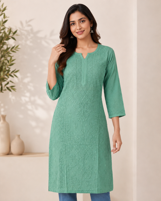 Green Chikankari Long Kurta – Nawabi Summer