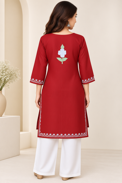 Red Green Aari Work Long Kurti – Summer Tops