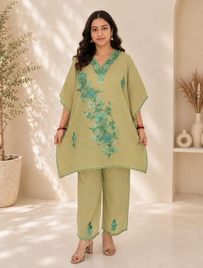 Olive Green Aari Work Kaftan Set - Koshur Summer 1
